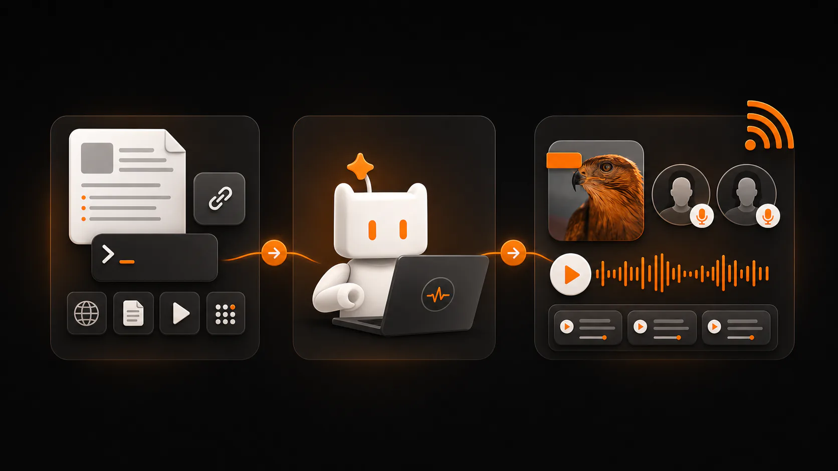 Project files and progress flow through an AI agent into a continuing NewsTune podcast with voice and RSS publishing
